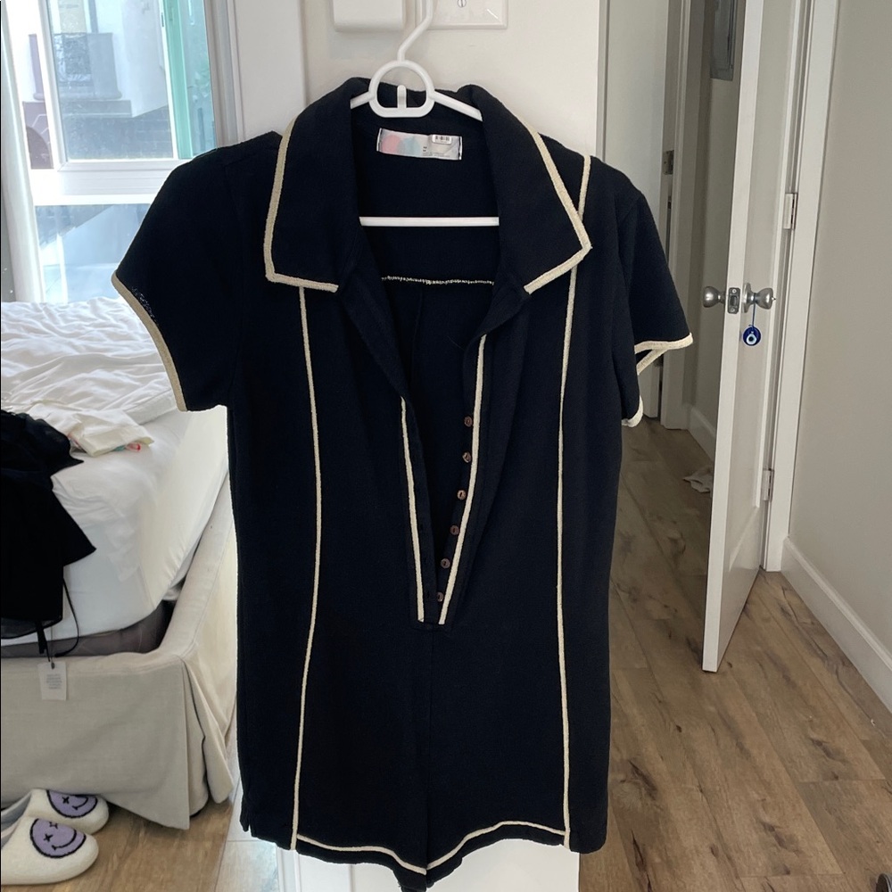 Black Short Sleeve Romper Top with White Trim